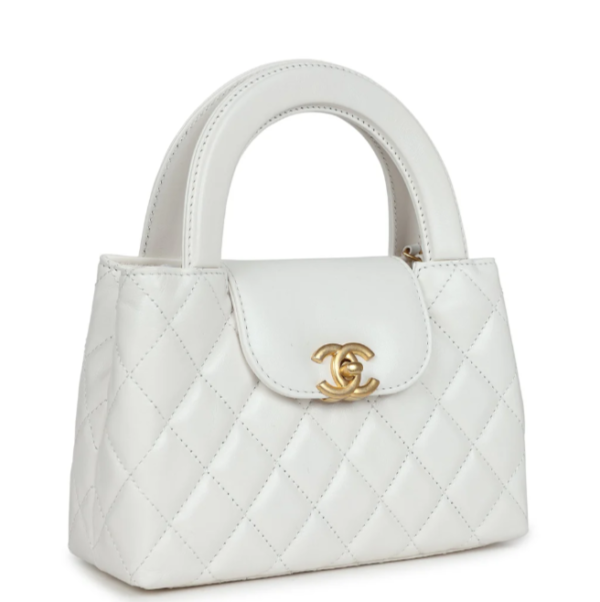 Small Kelly Shopper White Shiny Aged Calfskin Brushed Gold Hardware