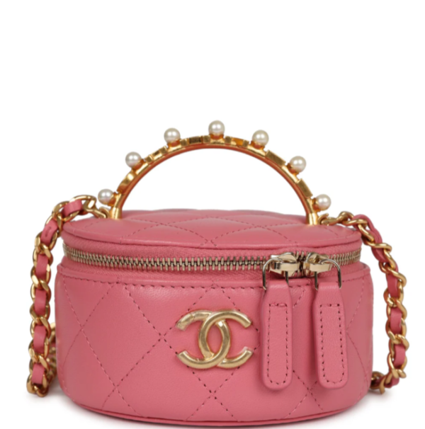 Chanel Mini Round Top Handle Vanity Case Dark Pink Lambskin Gold Hardware