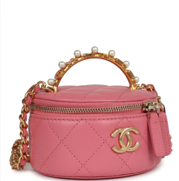 Chanel Mini Round Top Handle Vanity Case Dark Pink Lambskin Gold Hardware