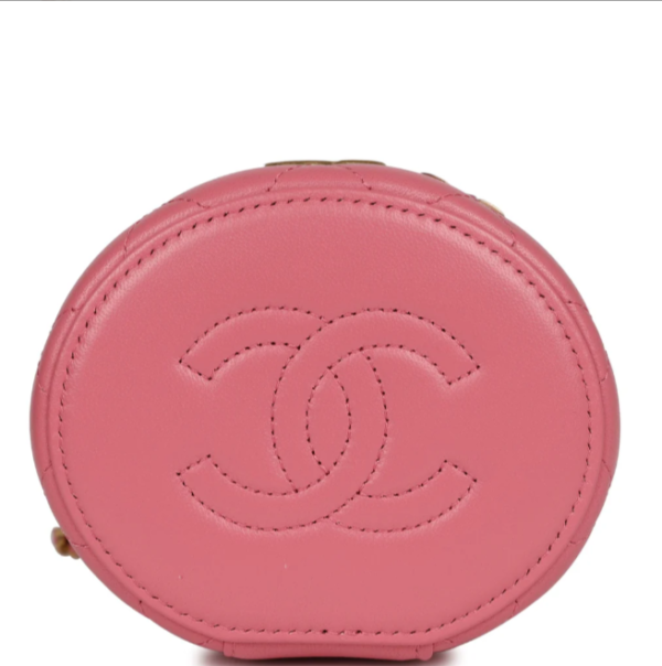 Chanel Mini Round Top Handle Vanity Case Dark Pink Lambskin Gold Hardware